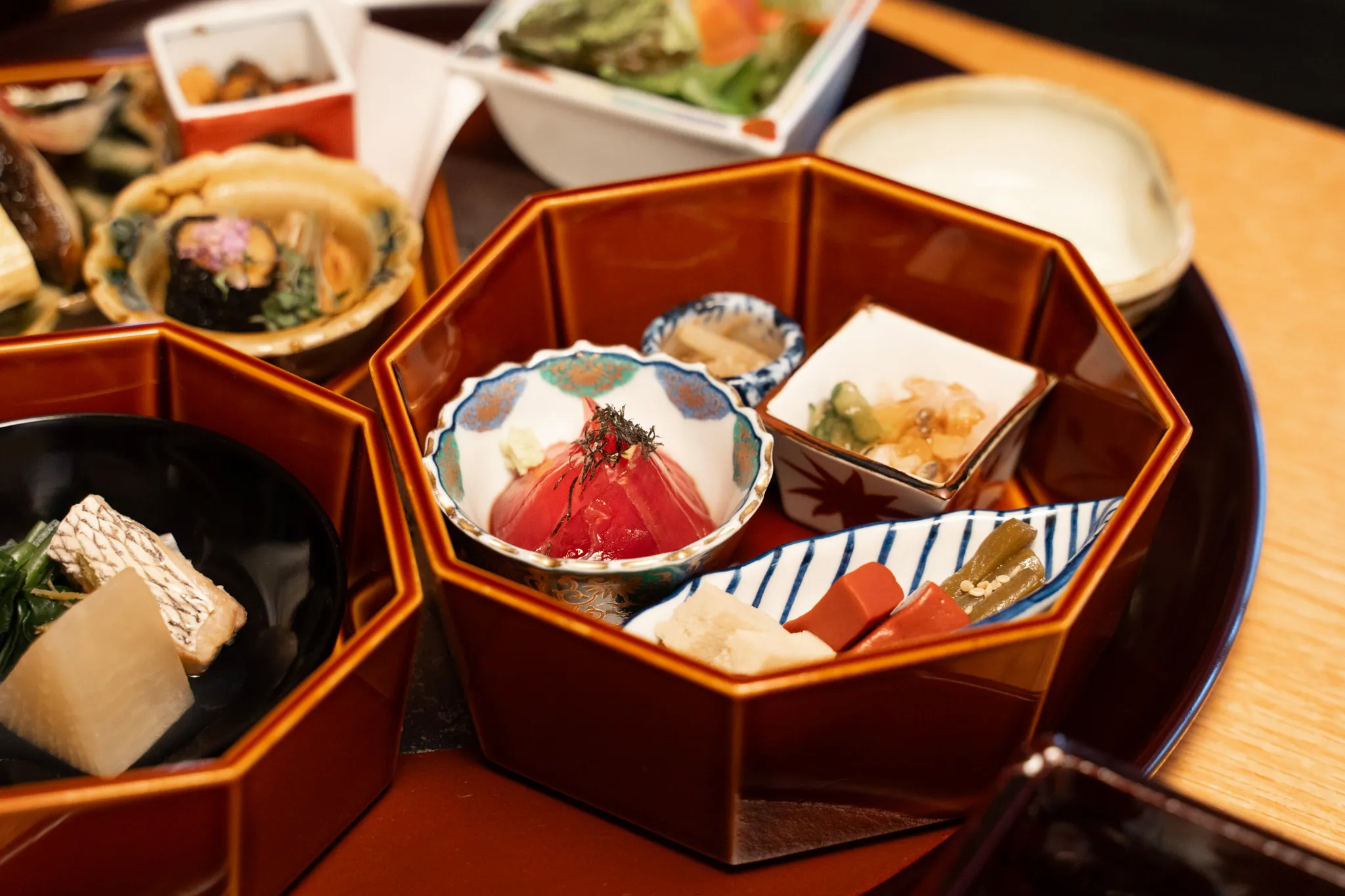 Elegant Black-Lacquered Octagonal Tiered Boxes