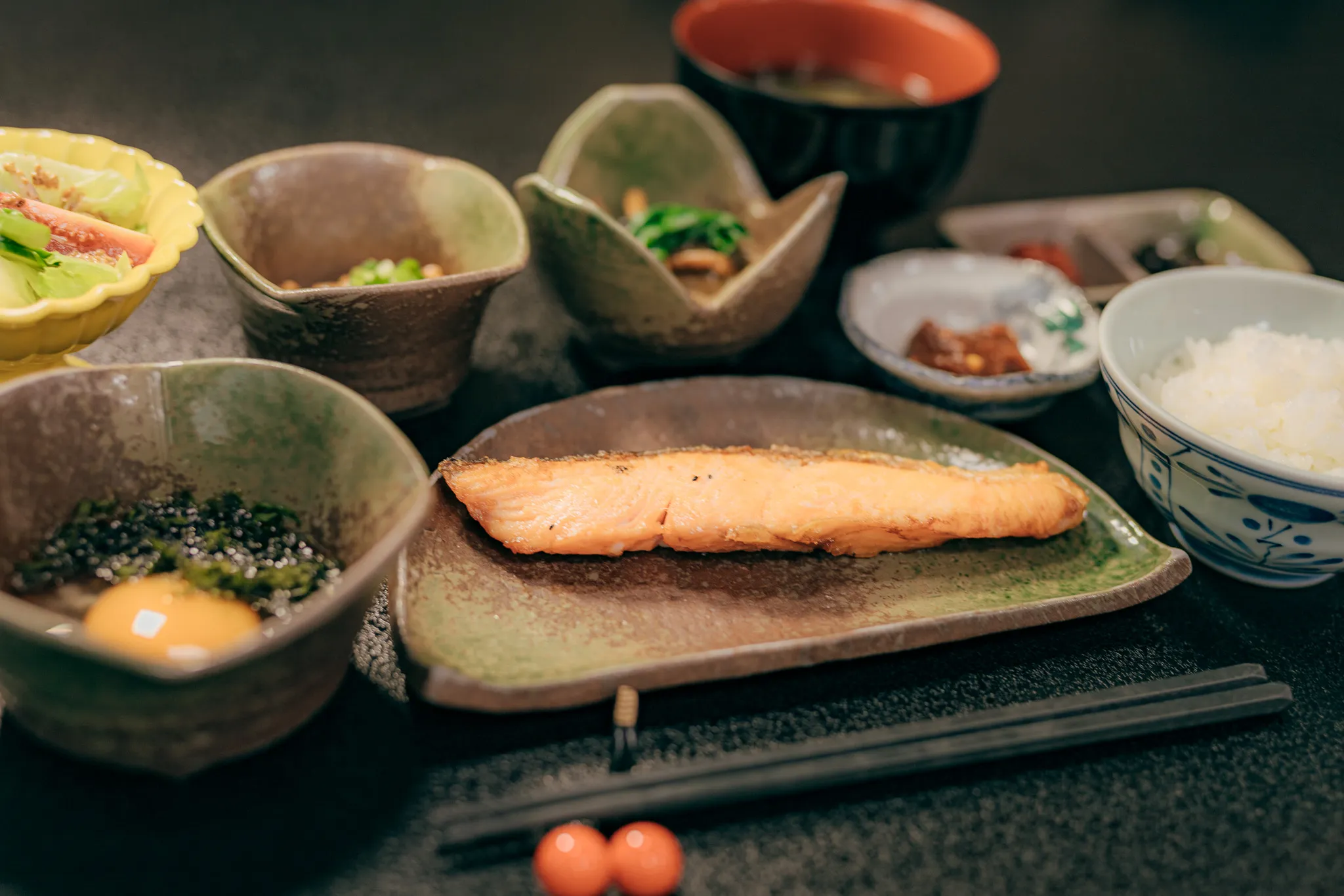 Japanese Breakfast with Grilled Salmon as the Main Dish