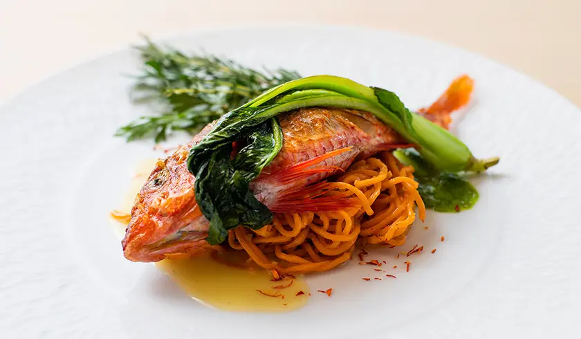 A delicious-looking fish dish served at Mikuni Izu Kogen